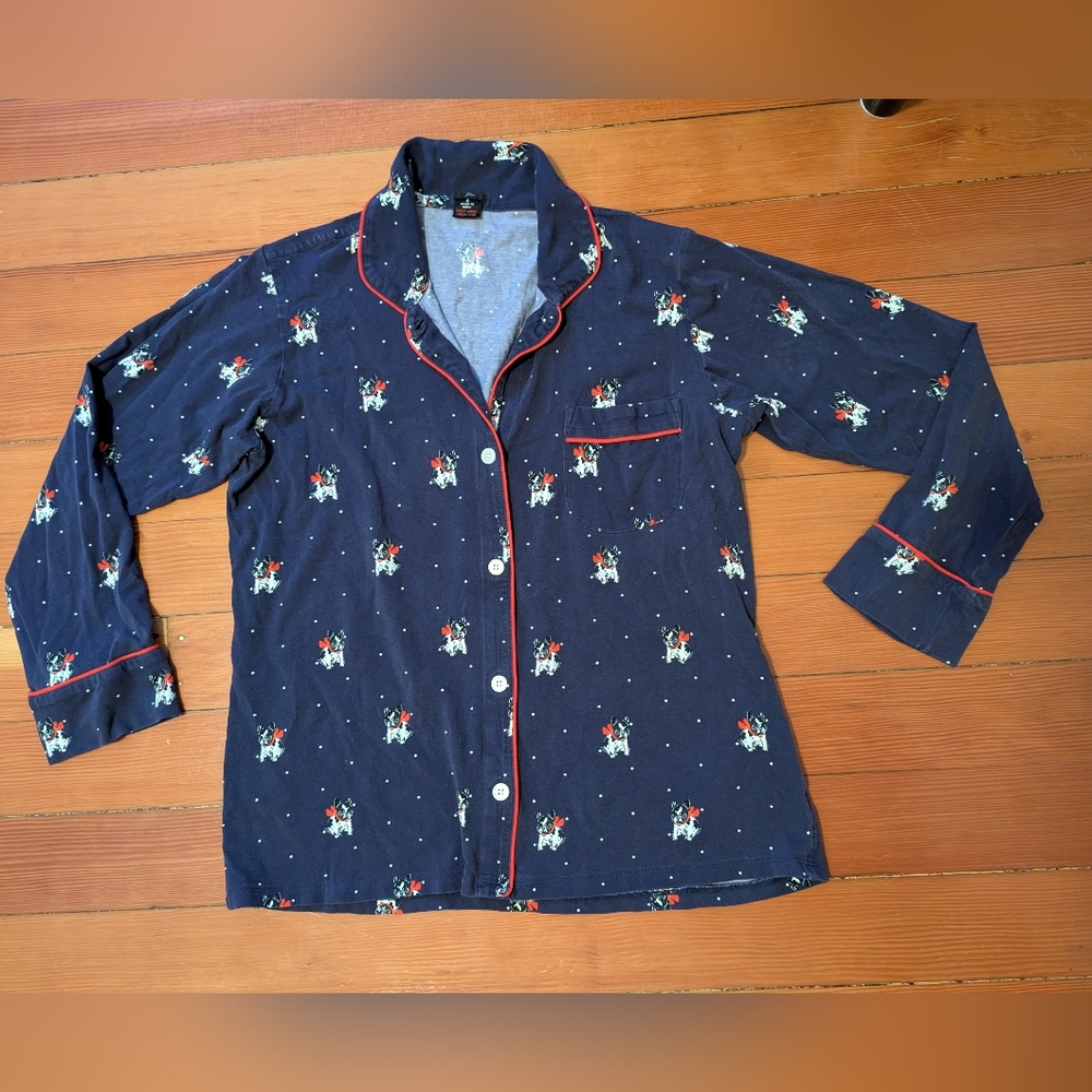 J Crew Pajama Shirt Top Women Small Navy Polk Dots Frenchie Dog Bulldog Holiday